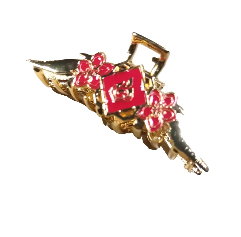 Hair Barrette Clip Claw Red Gold Tone Asian Design